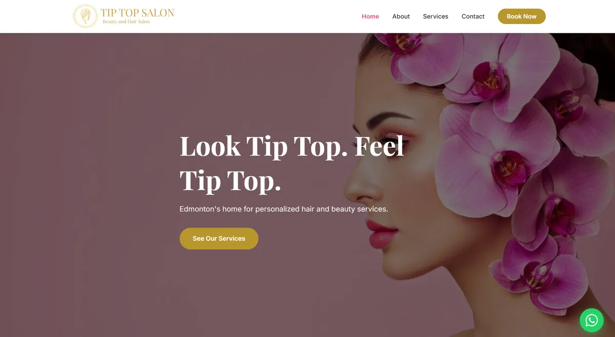 Tip Top Salon homepage, with hair and beauty services in Edmonton and a clear booking link