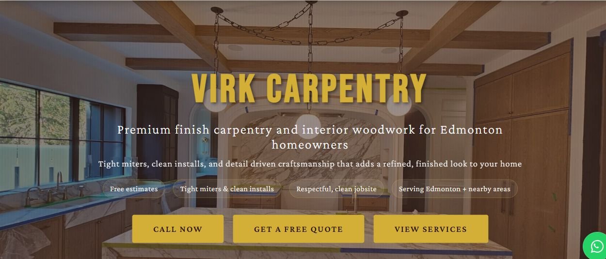 Live Virk Carpentry homepage: finish carpentry imagery, service information and a free quote button
